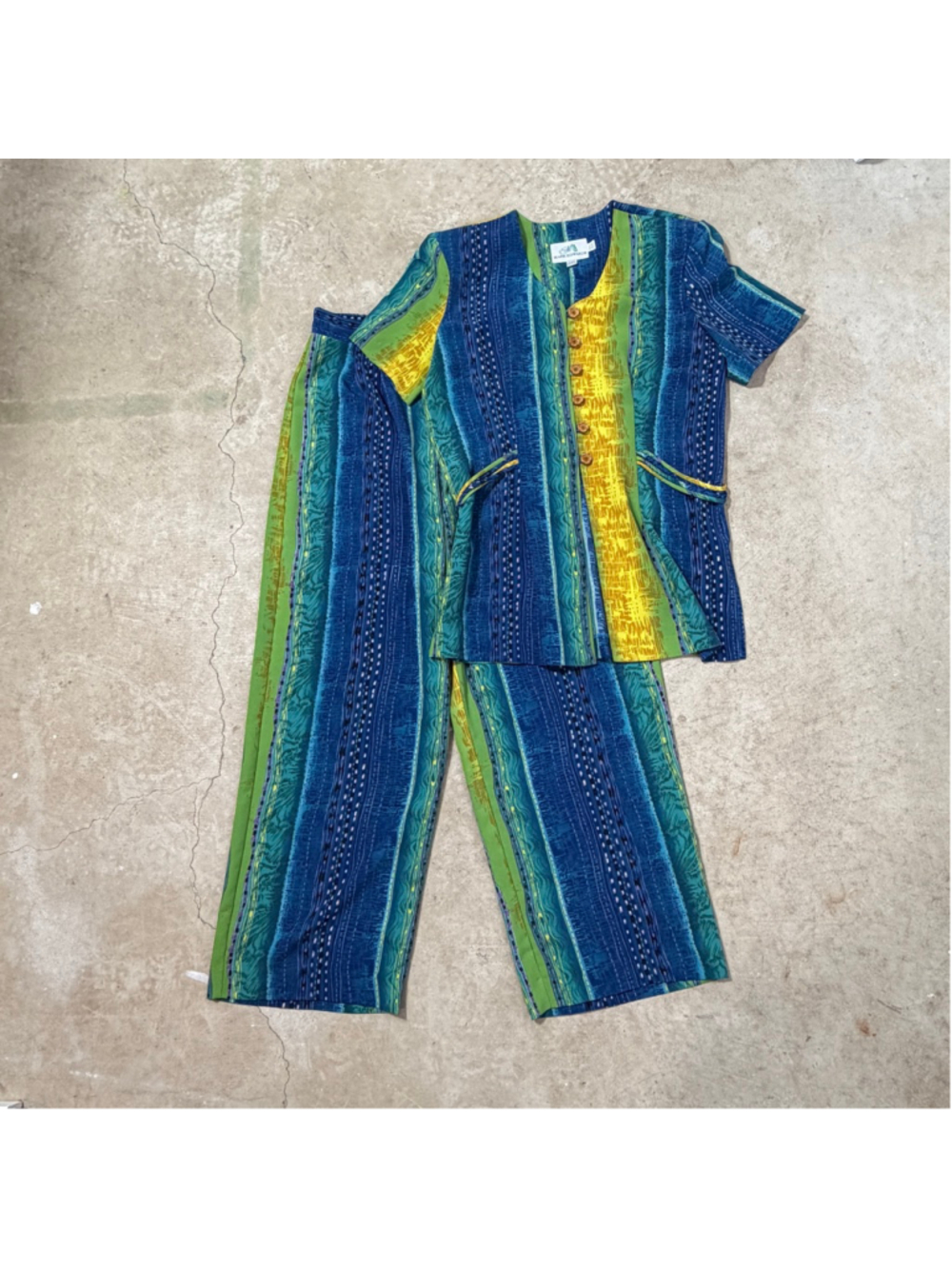 Vintage Mark Edwards Abstract Print Matching Set Size 14 Blue Art Top Pants